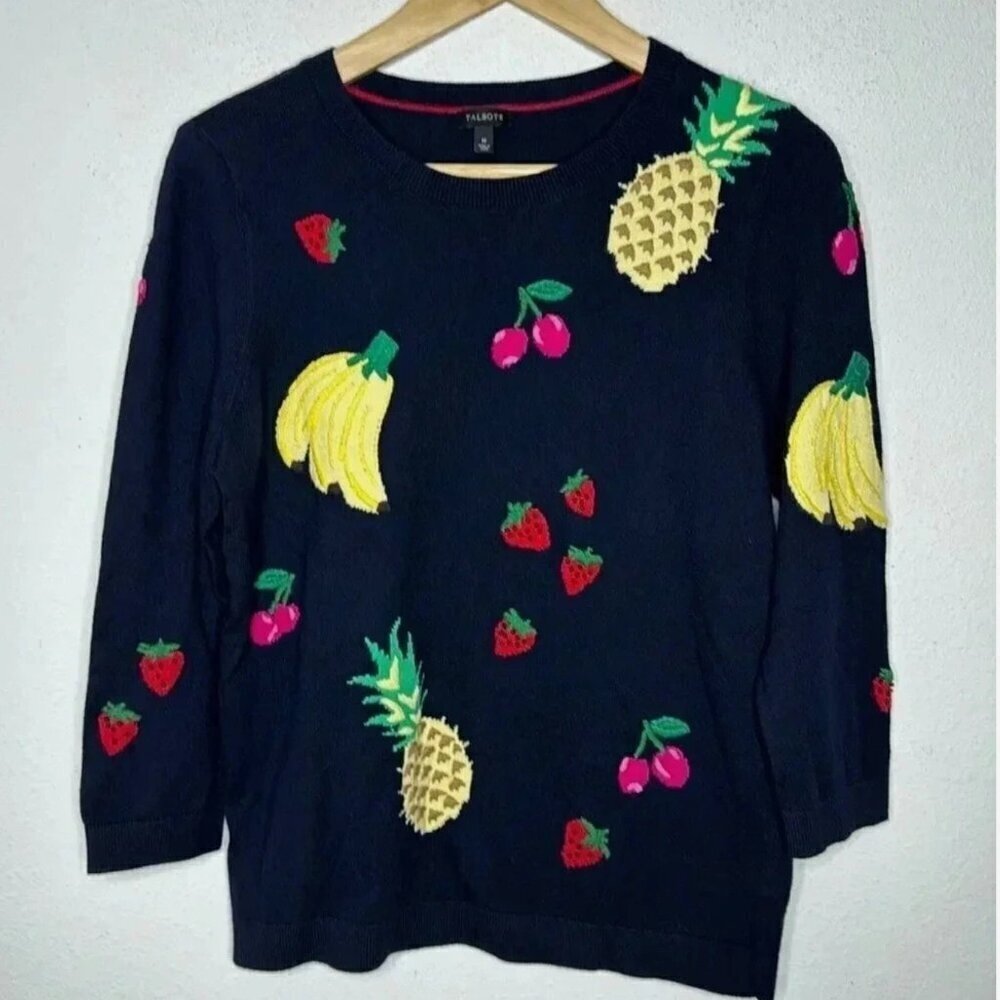 Talbots Women's Navy Blue Embroidered Fruit Knit Pullover Sweater Size Small - Picture 8 of 12